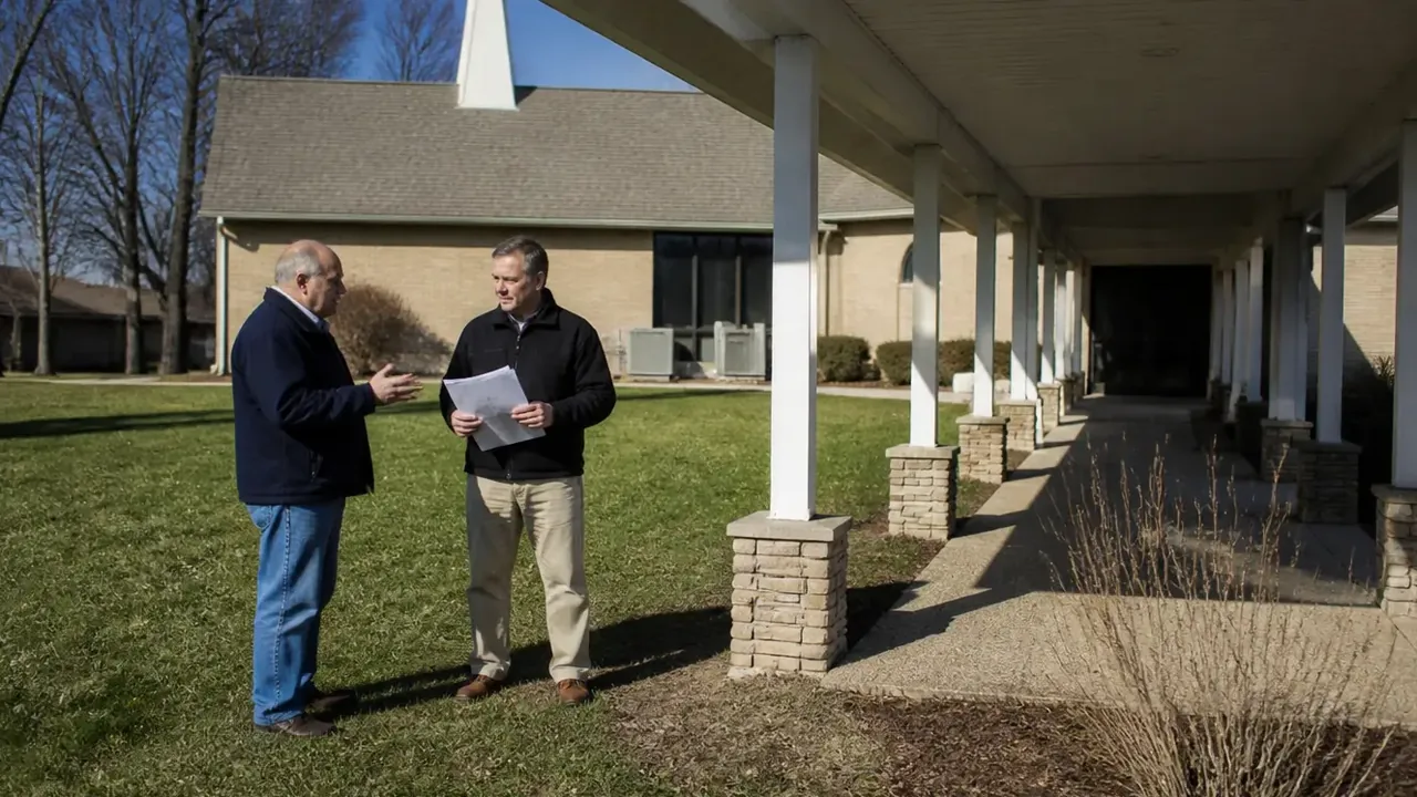 Two men discussing a sheet of paper beside a covered walkway and lawn