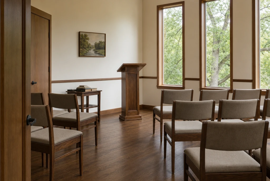 Individual walnut chairs with greige upholstery in an illustrative smaller Tennessee church chapel
