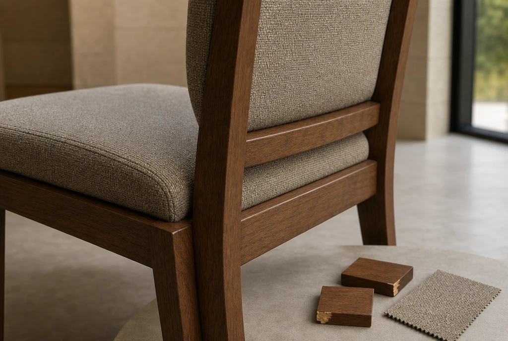 Warm walnut church chair detail with neutral greige upholstery and finish samples