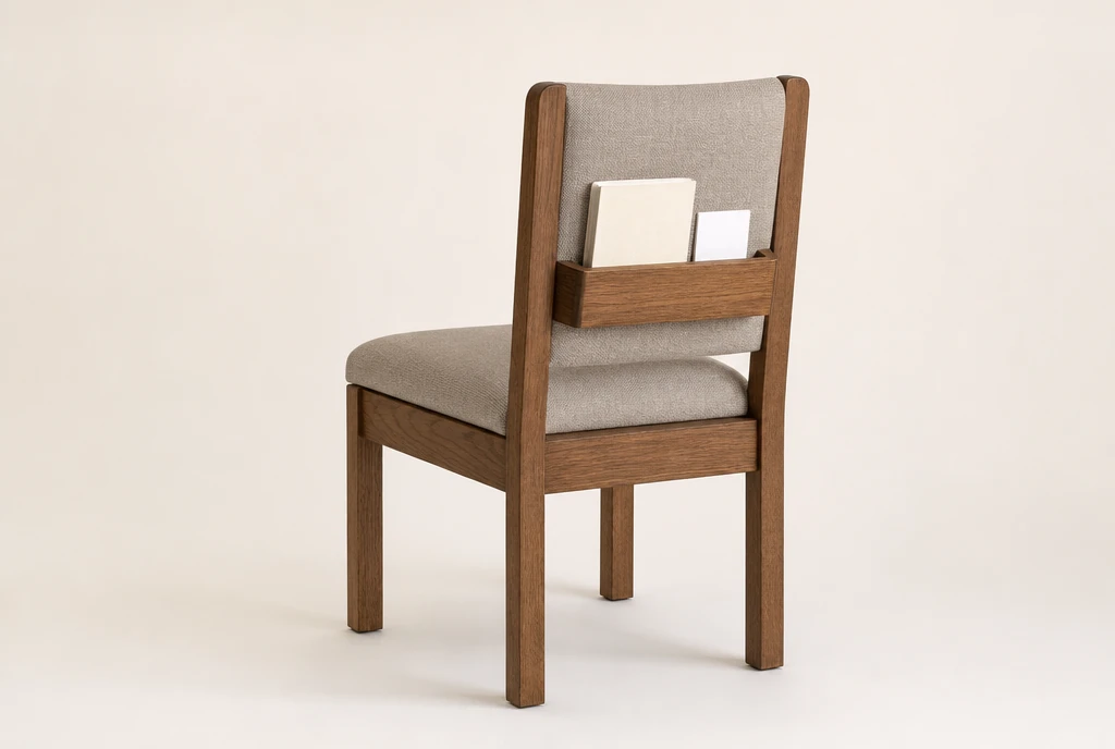 Warm walnut church chair concept with greige upholstery and a rear wooden book rack