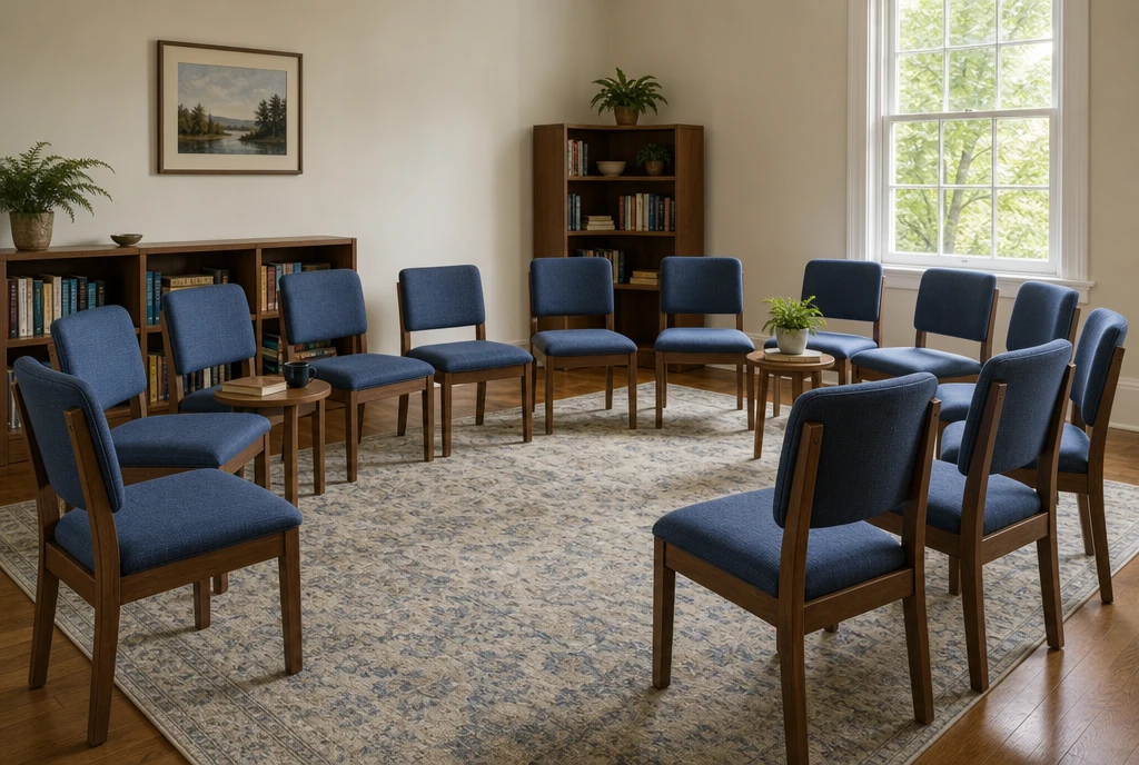 Blue upholstered wood chairs arranged for discussion in an illustrative Virginia church parlor