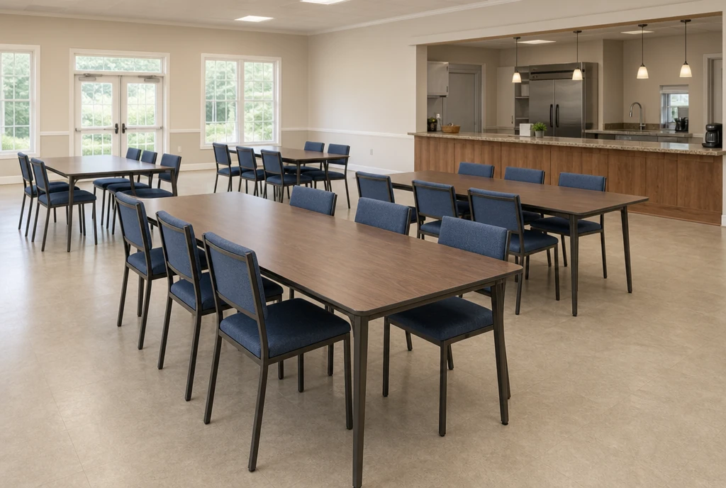 Rectangular tables and blue upholstered chairs in an illustrative Virginia fellowship room