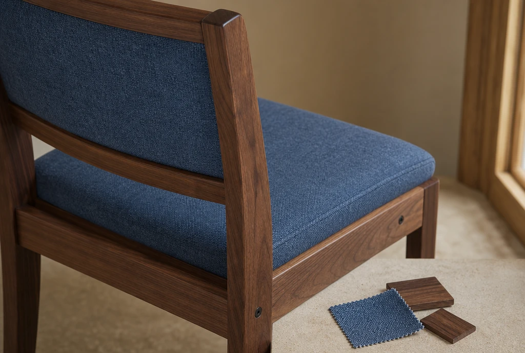 Walnut chair detail with denim-blue upholstery and material samples