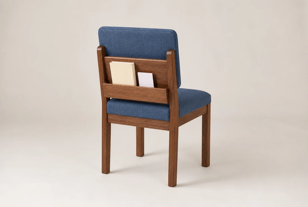 Warm walnut-stained hardwood church chair concept with muted denim-blue woven fabric and a rear book rack