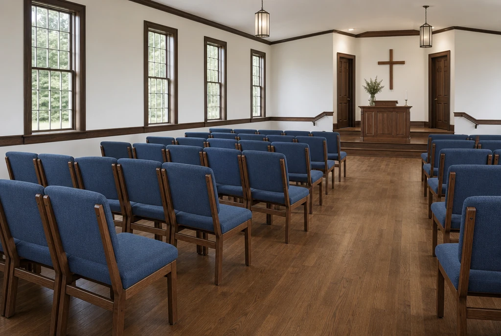 Individual blue upholstered walnut chairs in an illustrative Virginia sanctuary