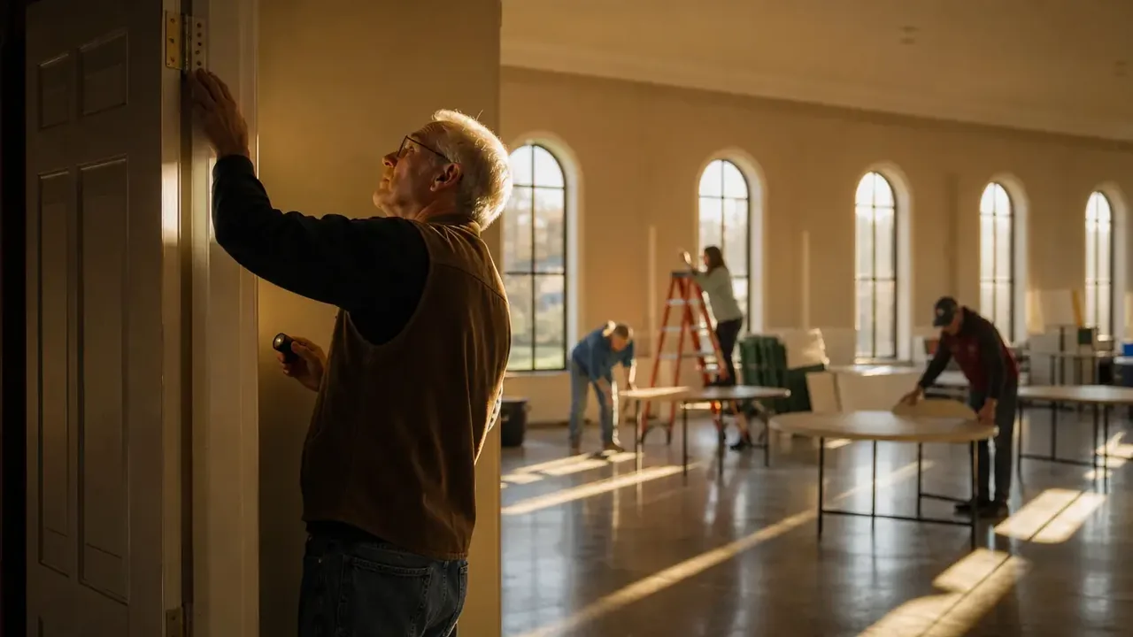 Volunteer with a clipboard inspecting a hallway in late-afternoon sun