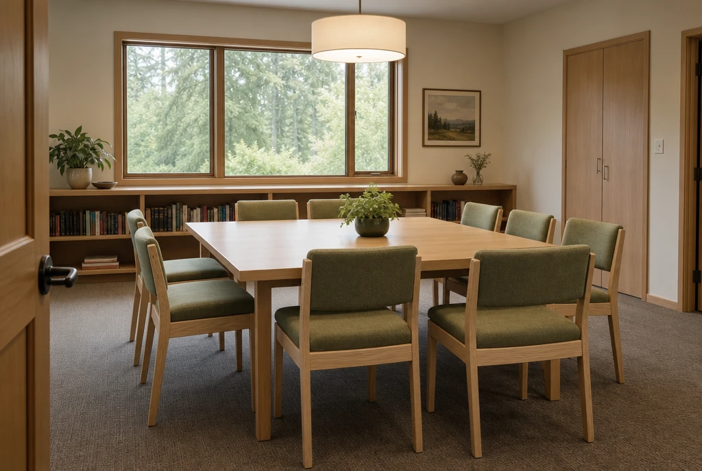 Natural ash chairs with fern-green upholstery around an adult study table in an illustrative Washington church room