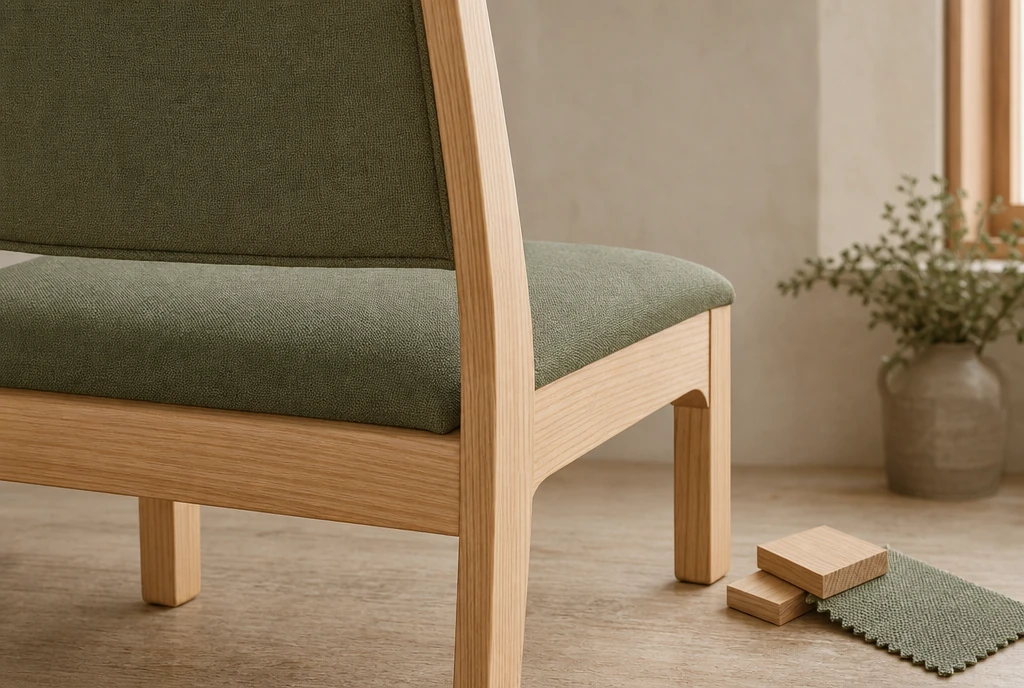Natural ash church chair detail with fern-green upholstery and material samples
