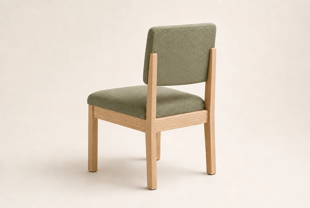 Light natural ash hardwood church chair concept with muted fern-green woven upholstery and no rear book rack