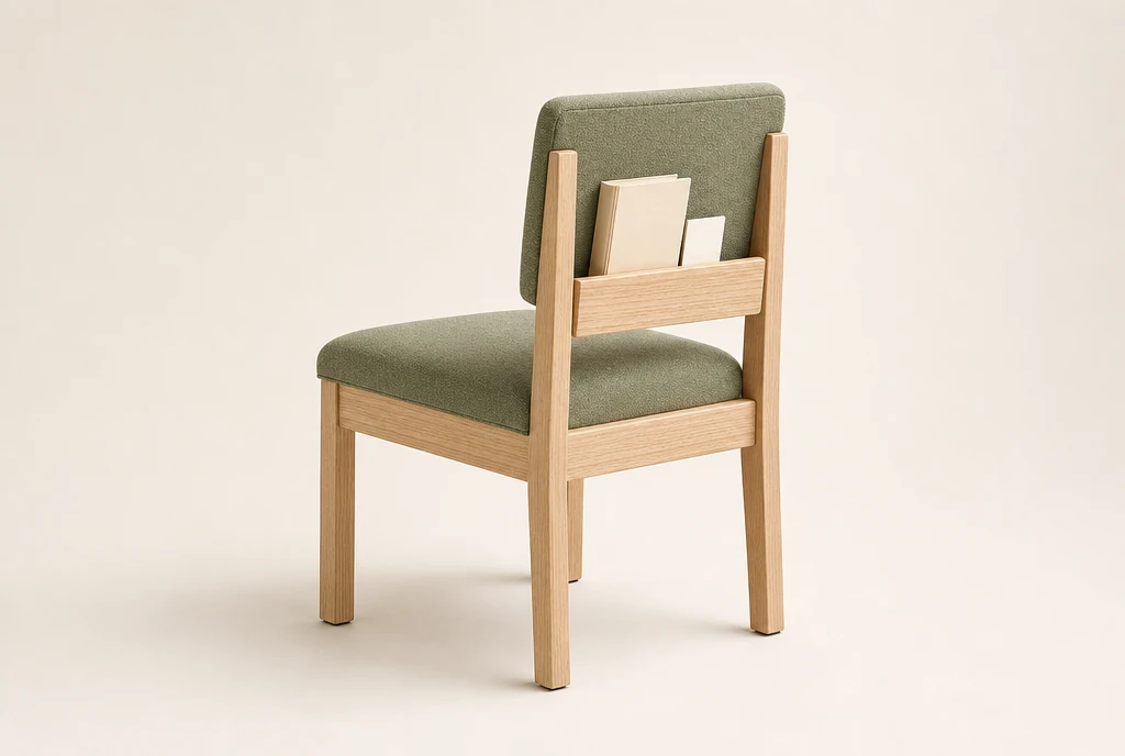Light natural ash hardwood church chair concept with muted fern-green woven upholstery and a rear book rack