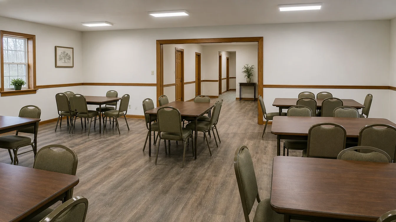 West Virginia church fellowship room with tables and upholstered chairs