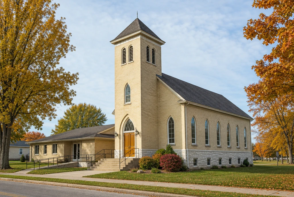 Illustrative church exterior in a south-central Wisconsin small-town setting