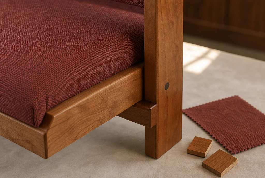 Amber-maple church chair detail with brick-red fabric and material samples