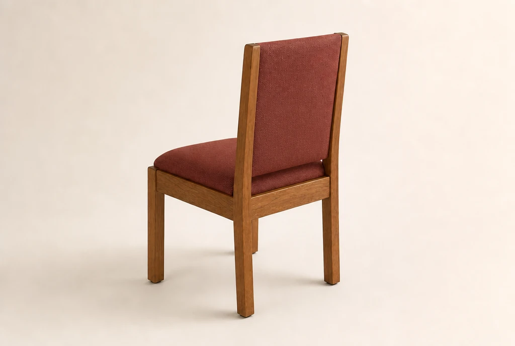 Medium amber-stained maple hardwood church chair concept with muted brick-red woven upholstery and no rear book rack